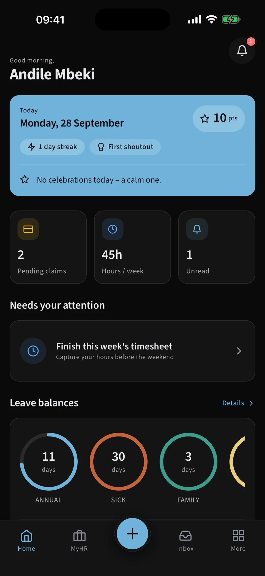 The HRify mobile home screen in dark mode