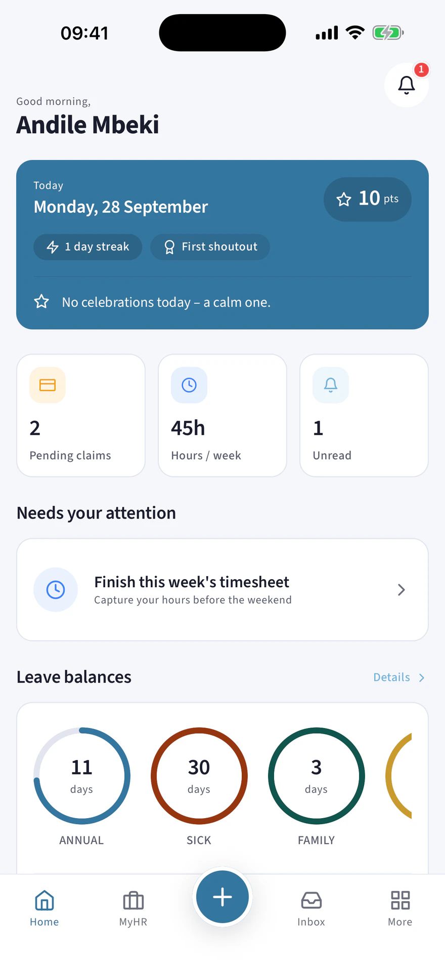 The HRify mobile app home screen with leave balances and hours this week