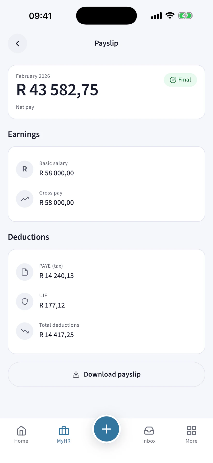 An HRify payslip on mobile with a full earnings and deductions breakdown