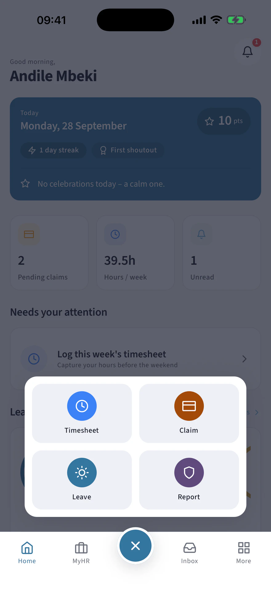 The centre button opened into leave, timesheet, claim and report an incident