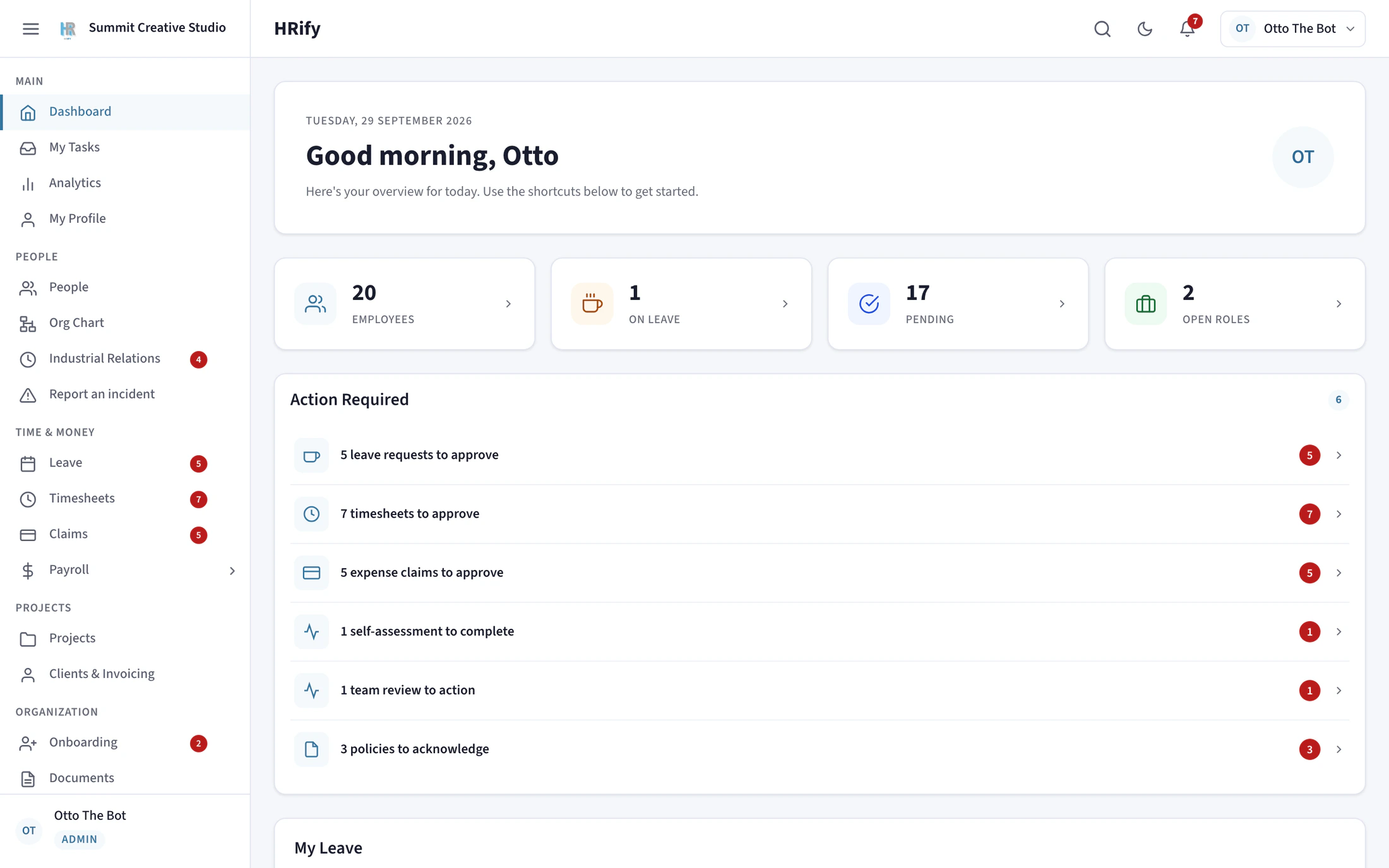 The HRify dashboard with requests waiting for approval