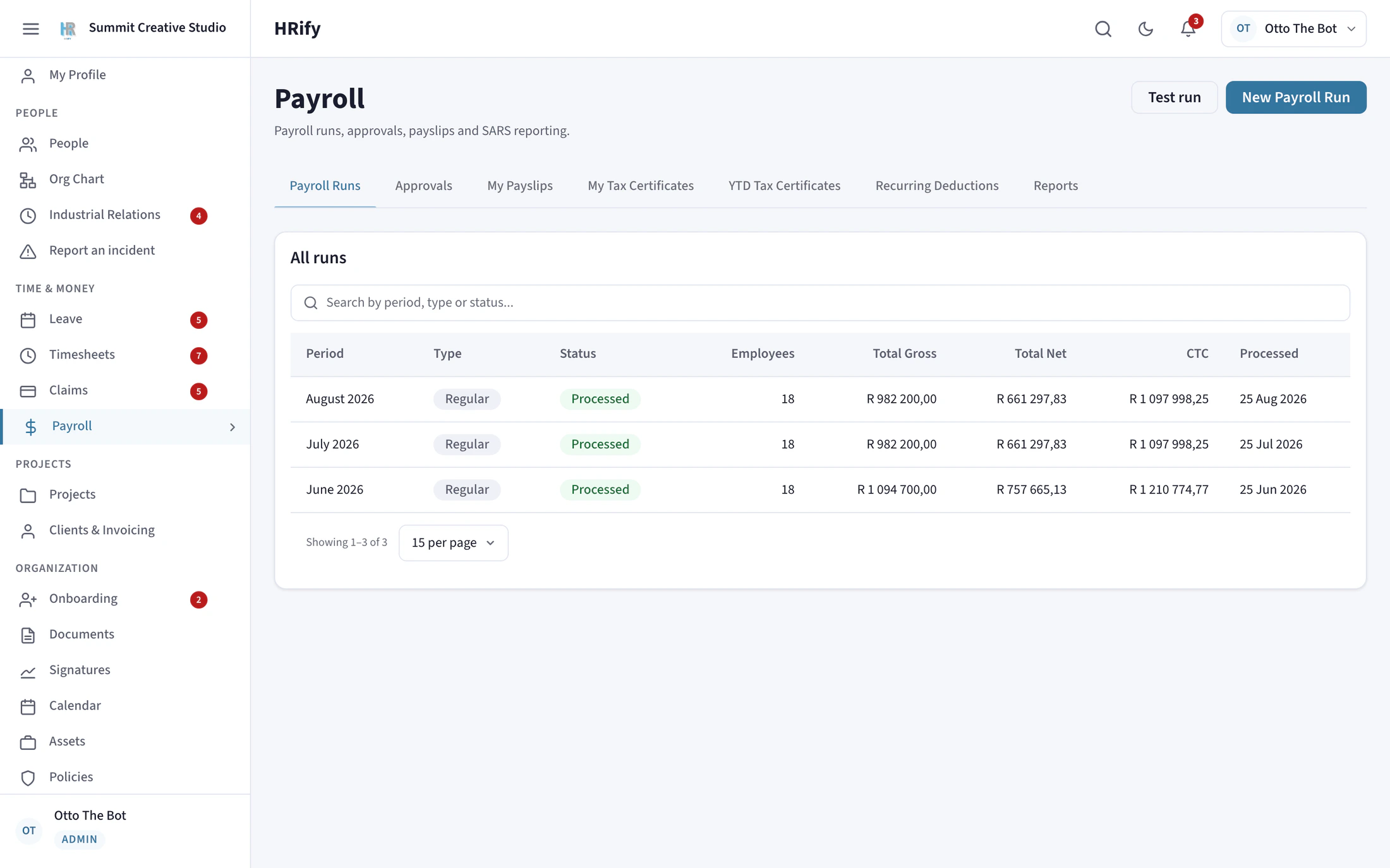 Payroll runs in HRify with gross, net and cost to company per period