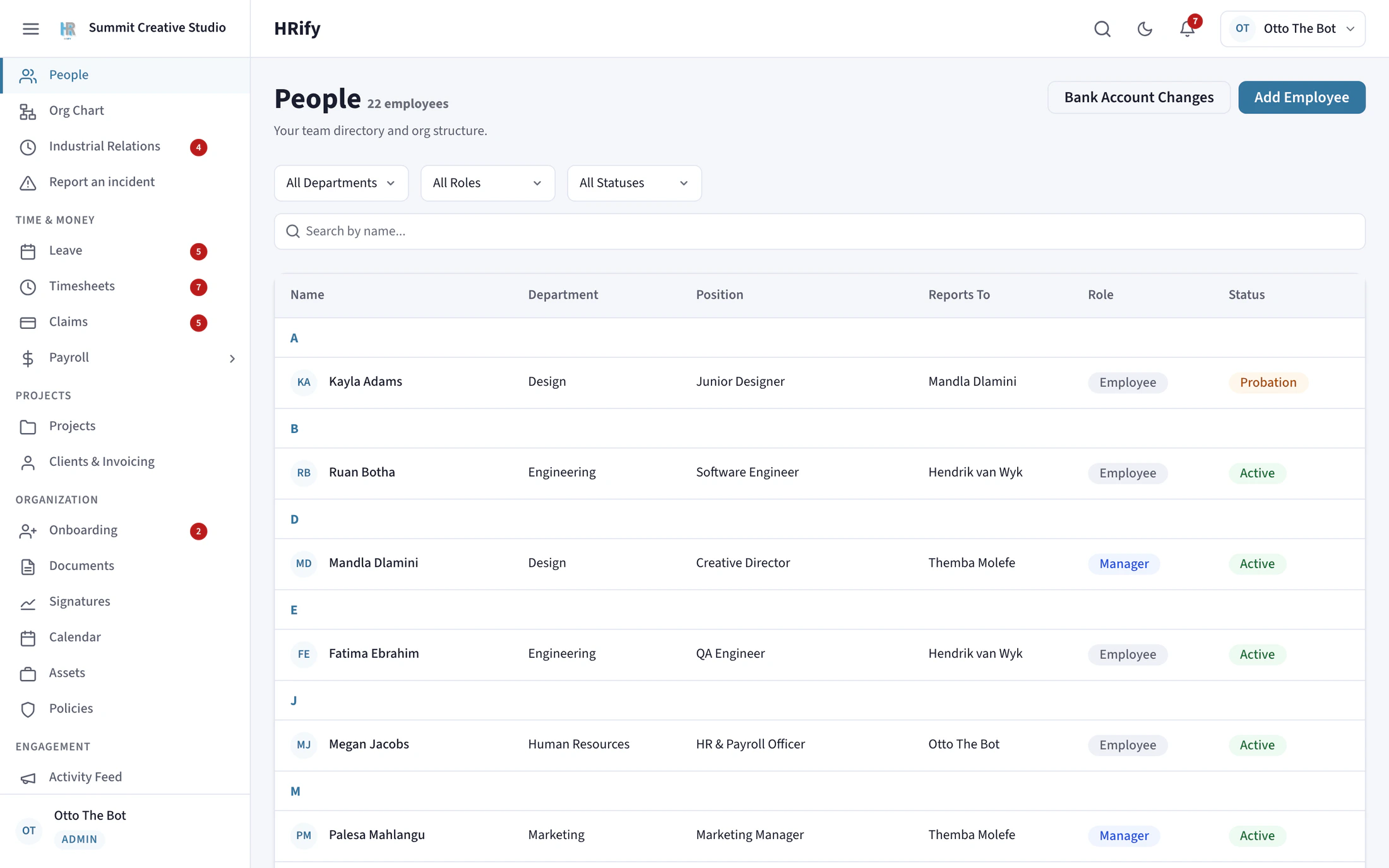 The People screen in HRify with the employee list