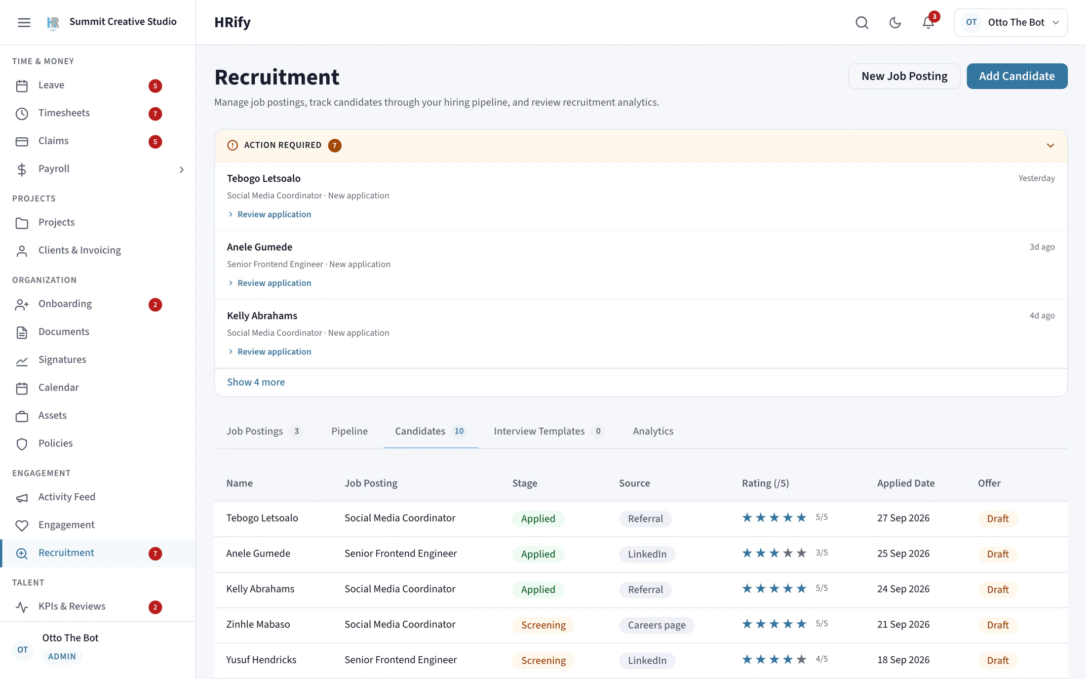 The Recruitment screen in HRify with candidates by stage