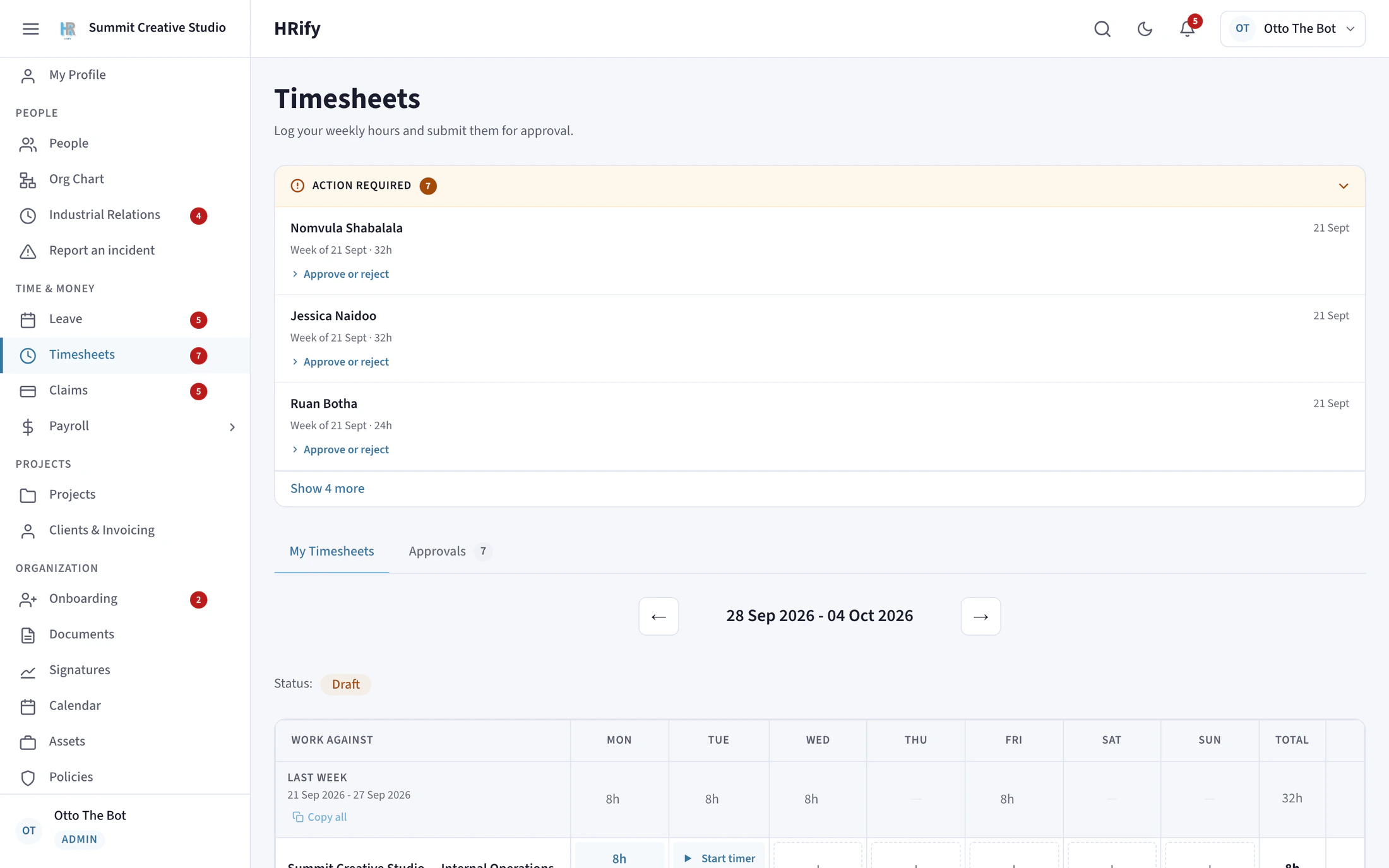 The Timesheets screen in HRify with a week of hours against projects